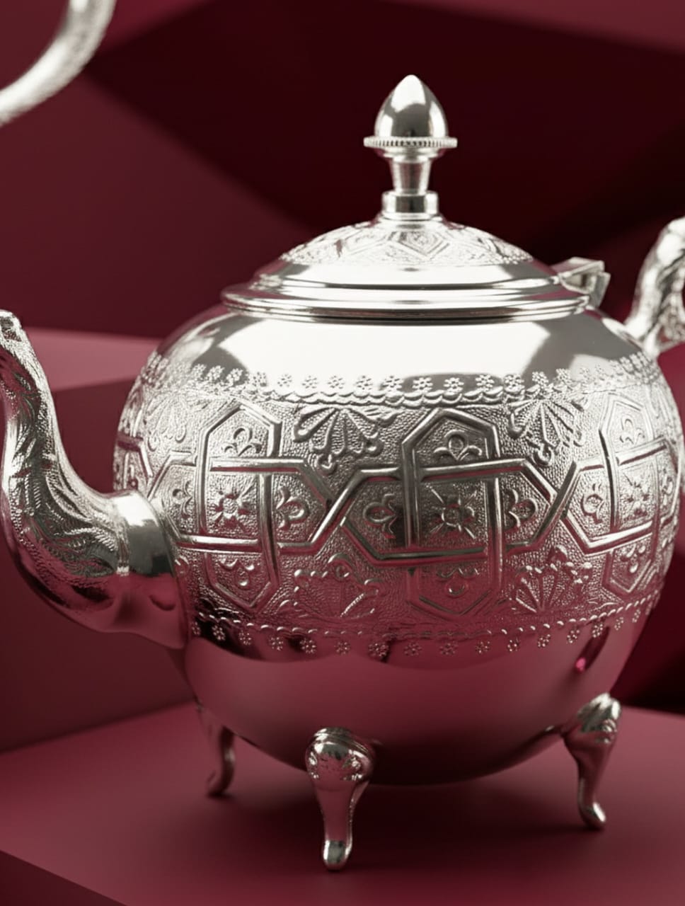 Théière Marocaine Fassi en Laiton Nickelé – Motifs Fassi